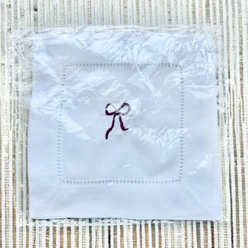 Handmade White Cocktail Napkin with Magenta Bow Embroidery - Set of 4 - Picture 2 of 3